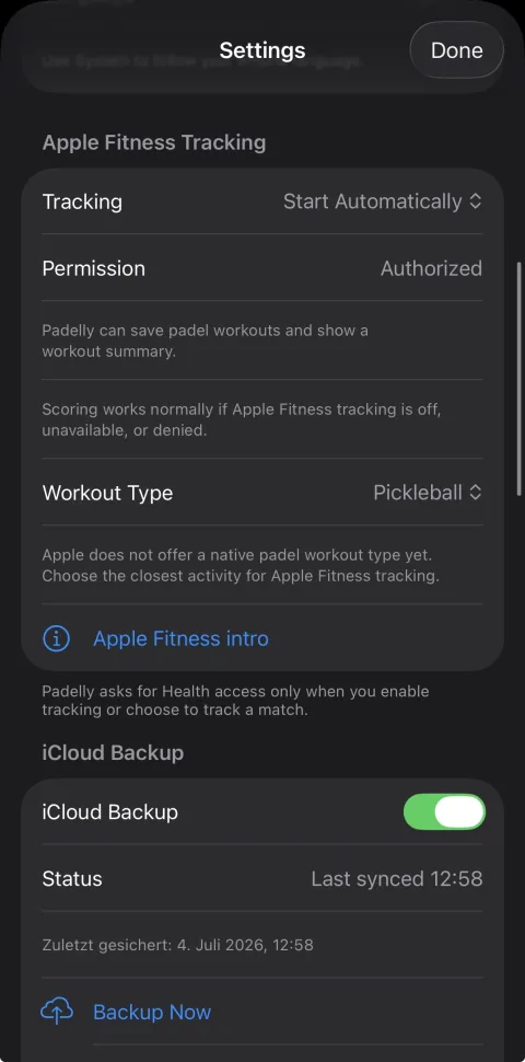 Padelly settings for optional Apple Fitness tracking and private iCloud backup
