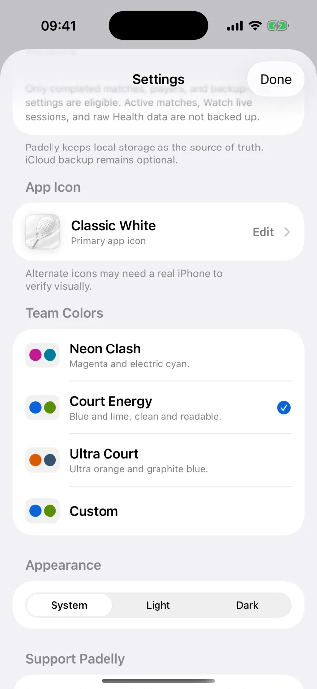 Padelly appearance and team-color settings
