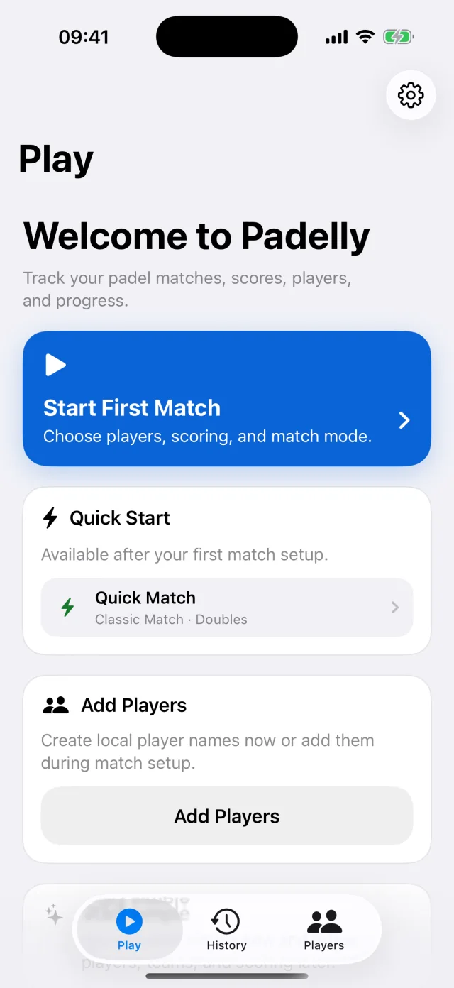Padelly home and Quick Start screen on iPhone