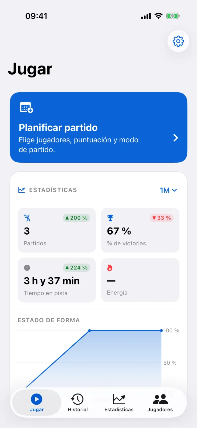Panel Jugar de Padelly con planificación, estadísticas y últimos resultados