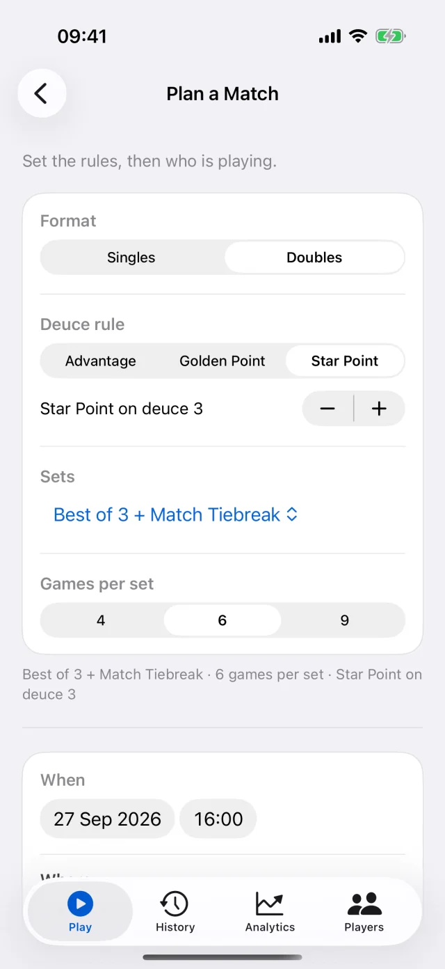 Padelly match planning screen on iPhone
