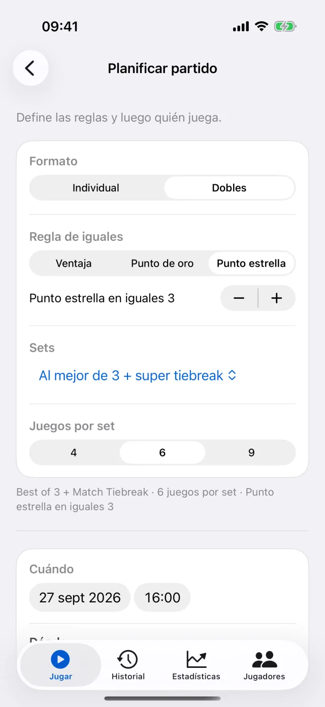 Planificación de un partido en Padelly para iPhone