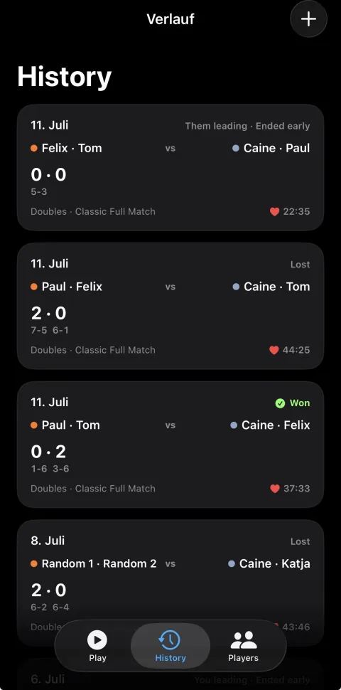 Padelly match history showing scores, results, and match durations