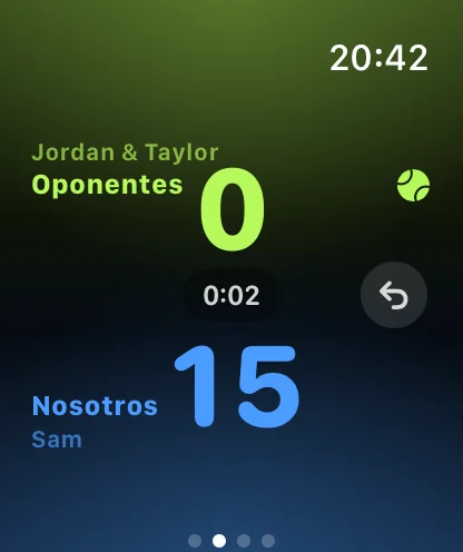Marcador de Padelly con controles grandes en Apple Watch